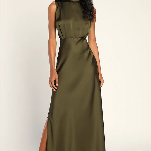 Lulus Dresses & Skirts - Classic Elegance Olive Satin Sleeveless Mock Neck Maxi Dress